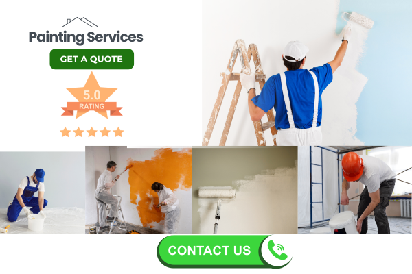 Professional painting services showcasing interior and exterior painting projects with high quality rating and easy contact