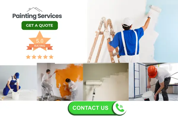 Professional painting services showcasing interior and exterior painting projects with high quality rating and easy contact
